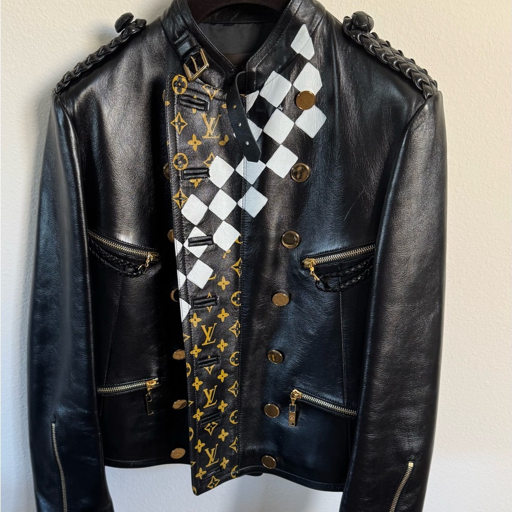 Black Leather Jacket with Checkered and Monogram Design
